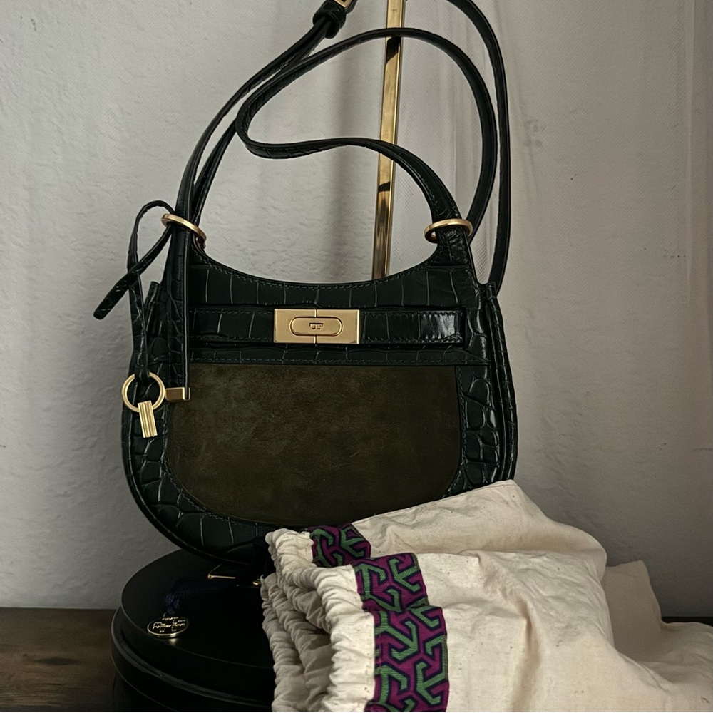 Tory Burch Lee Radziwill Deep Kelp Croco-Embossed Leather Suede Saddle Bag